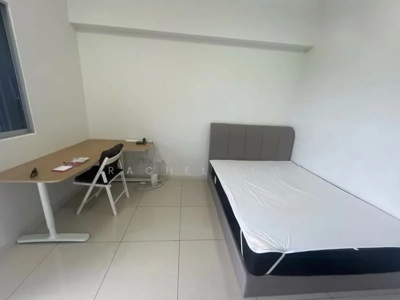 Bedroom features: queen-size bed frame without mattress, white painted walls, tile flooring, window with view, study desk, white chair, power outlet, minimalist decor; style: modern.