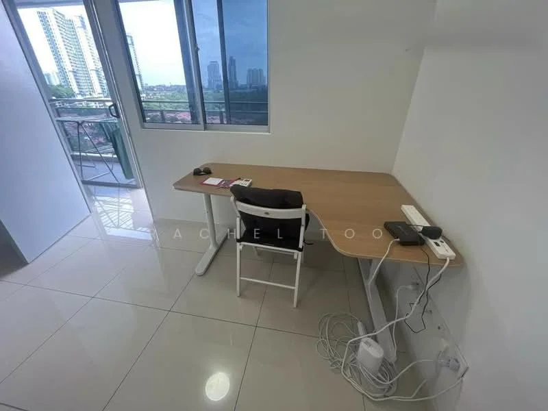 Study features: white painted walls, glossy tile flooring, large window with city view, wooden desk, white chair, power outlet, cable management, minimalist decor; style: modern; view: city.