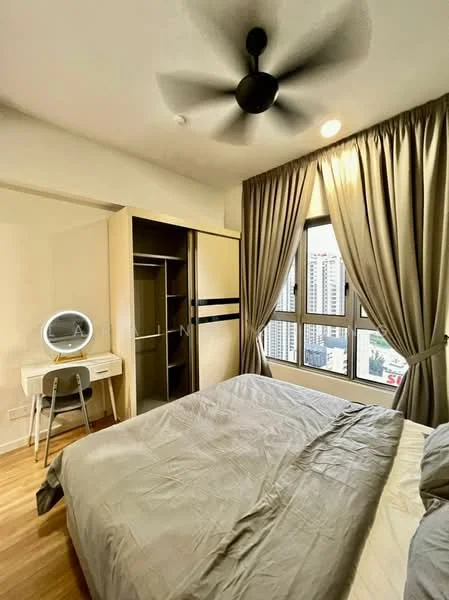 Bedroom features: king-size bed with grey bedding, 5-blade ceiling fan with light, floor-to-ceiling windows, curtains in light brown, wooden flooring, built-in wardrobe with sliding doors, study desk with mirror, desk chair; style: modern; view: city.