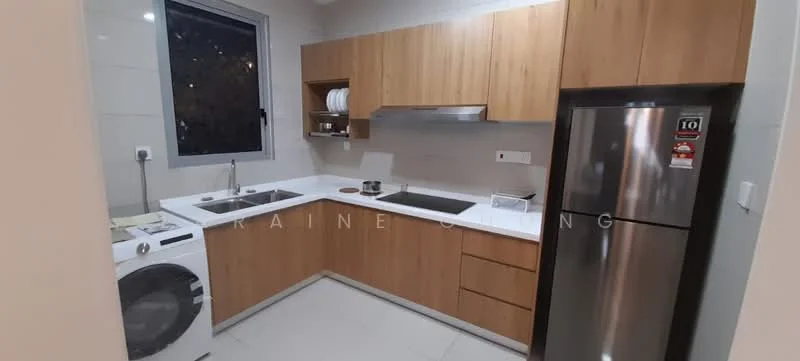 Kitchen features: wood cabinetry, white quartz countertop, double-bowl stainless-steel sink, chrome pull-down faucet, built-in oven, stainless-steel fridge, 4-burner gas hob, exhaust hood, washing machine, tile backsplash, white tiled walls, light-colored flooring, window with view; style: modern.