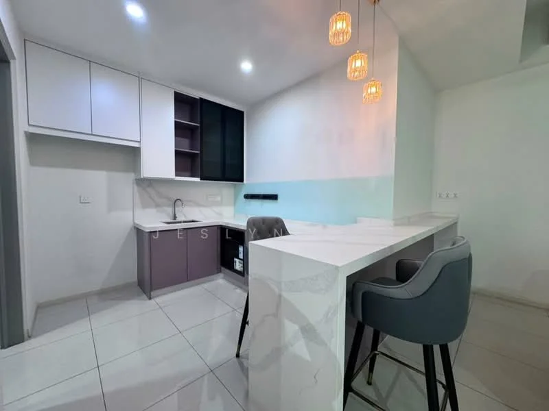 Kitchen features: white and purple cabinetry, marble countertop, single-bowl stainless-steel sink, chrome pull-down faucet, built-in refrigerator, bar seating with high stools, white tiled flooring, recessed LED downlights, pendant lights above the bar area, open layout; style: modern.