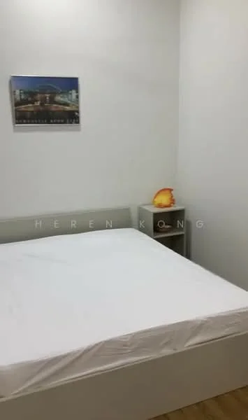 Bedroom features: white painted walls, wooden flooring, queen-size bed with no bedding, nightstand, decorative lamp, framed artwork on wall.