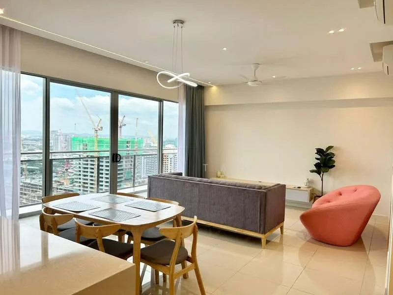 Living features: floor-to-ceiling windows, city view, 3-seater fabric sofa in grey, accent chair in coral, dining table for 6 with wooden chairs, light wood flooring, recessed downlights, ceiling fan, decorative plant in pot, wall-mounted TV console, neutral wall color, curtains, open layout; style: modern; view: city.