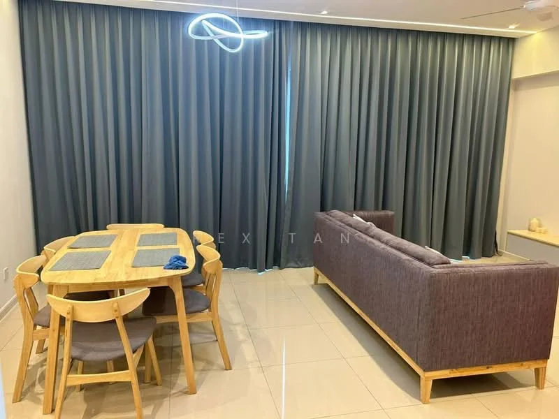 Living features: grey fabric sofa, wooden coffee table, 4-seater dining table, wooden dining chairs, recessed downlights, curtains in dark grey, tile flooring, decorative wall feature; style: modern.