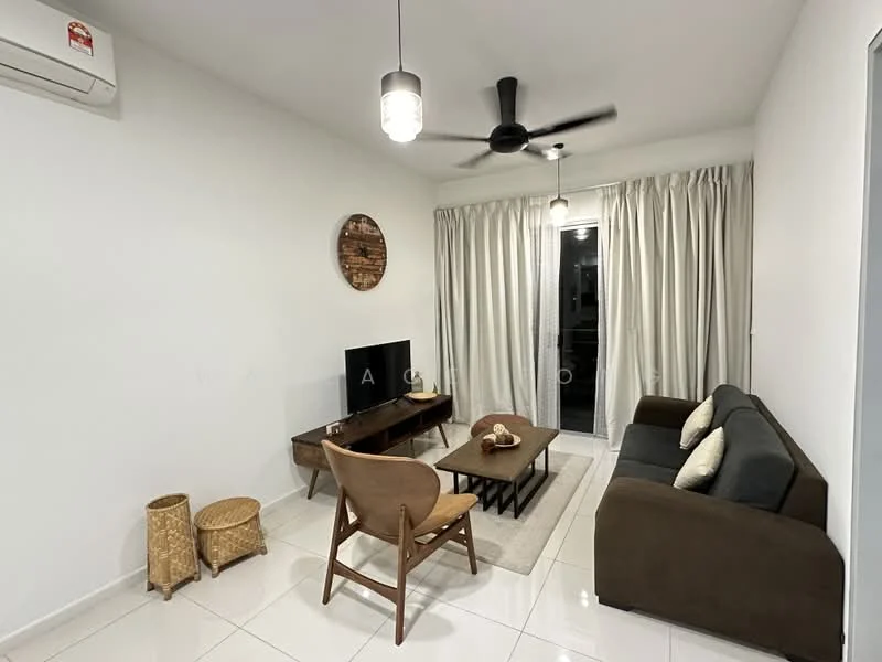 Living features: white painted walls, glossy white tile flooring, 5-blade ceiling fan with light, wall-mounted air conditioning unit, sofa in dark brown fabric, coffee table in wood, TV console in wood, wall-mounted TV, area rug in light color, curtains in light fabric, decorative wall clock, woven storage basket, wooden accent chair; style: modern.