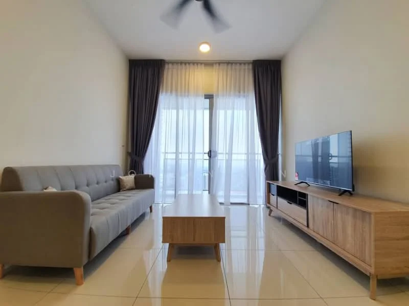 Living features: 3-seater fabric sofa in grey, wooden coffee table, TV console, wall-mounted TV, floor-to-ceiling windows, sheer curtains, recessed downlights, polished ceramic tile flooring, ceiling fan; style: modern; view: city.