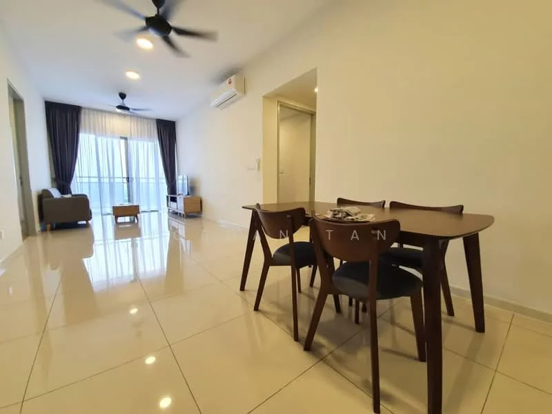 Living features: white painted walls, glossy ceramic tile flooring, 5-blade ceiling fan with light, recessed downlights, floor-to-ceiling windows, sliding glass door, curtains, sofa, TV console, coffee table, dining table with 4 chairs; style: modern.