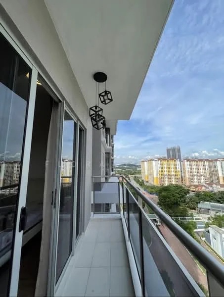 Room features: balcony, glass railing, white tiled flooring, hanging pendant lights, city view, sliding glass doors, grey painted walls; style: modern; view: city.