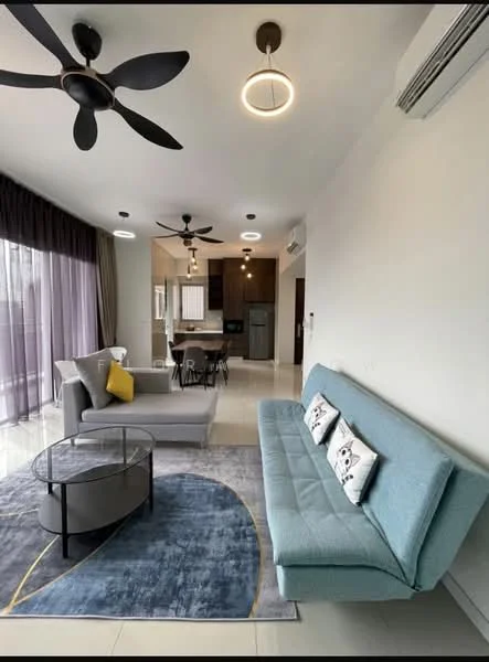 Living features: 3-seater fabric sofa in light blue, 2-seater fabric sofa in grey, round coffee table with black frame, area rug with geometric pattern in blue, floor-to-ceiling windows with sheer curtains, 3-blade ceiling fan, recessed LED downlights, wall-mounted air conditioning unit, decorative cushions with patterns, dining table with chairs visible in background; style: modern; view: city.