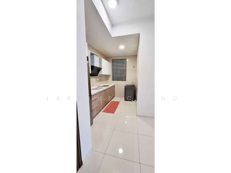 Kitchen features: white cabinets, wooden cabinetry, stainless-steel sink, chrome pull-down faucet, granite countertop, ceramic tile backsplash, built-in oven, freestanding washing machine, recessed downlights, white walls, polished tile flooring, window with blinds; style: modern.