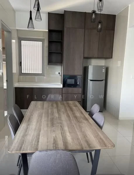 Kitchen features: dark wood cabinetry, white countertop, single-bowl stainless-steel sink, chrome pull-down faucet, built-in microwave, stainless-steel fridge, ceramic tile flooring, pendant lighting, window with blinds, open shelving, dining table with wooden surface, upholstered dining chairs; style: modern.