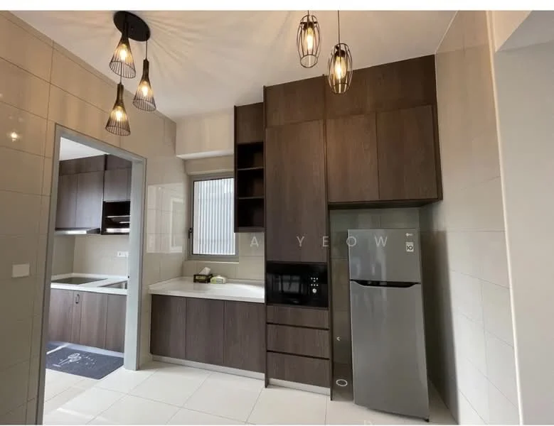 Kitchen features: dark wood cabinetry, white countertop, stainless-steel fridge, built-in microwave, single-bowl stainless-steel sink, chrome pull-down faucet, ceramic tile flooring, pendant lighting, window with grid pattern, open shelving, black appliances, wall-mounted cabinets; style: modern.