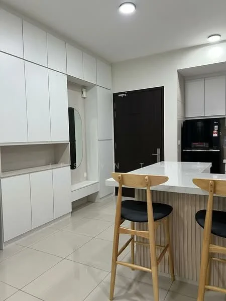 Kitchen features: white cabinetry with flat-panel doors, kitchen island with seating, black bar stools, white countertop, built-in refrigerator, wall-mounted cabinets, neutral tile flooring, recessed ceiling lights, mirror on wall, dark wood door; style: modern.