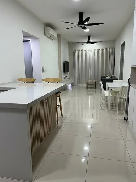 Living features: white painted walls, glossy tile flooring, 5-blade ceiling fan with light, recessed downlights, kitchen island with white countertop, wooden bar stools, wall-mounted TV, dining table with white chairs, curtains, air conditioning unit; style: modern.