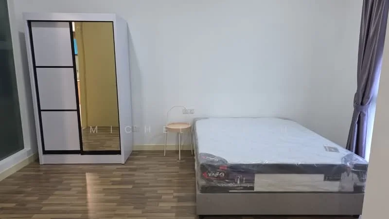 Bedroom features: queen-size bed, wooden flooring, white painted walls, mirror wardrobe with sliding doors, small wooden chair, curtains, unmade bed with mattress protector; style: modern.