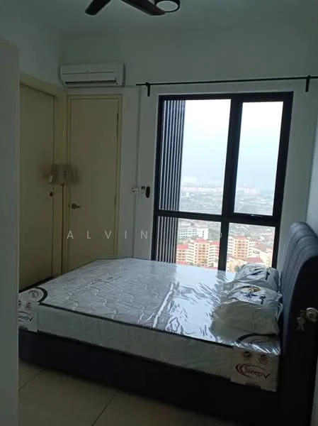Bedroom features: king-size bed, upholstered headboard, bedside lamps, floor-to-ceiling windows, curtains, 1 wall-mounted split AC, light-colored walls, tile flooring, decorative pillows; style: modern; view: city.