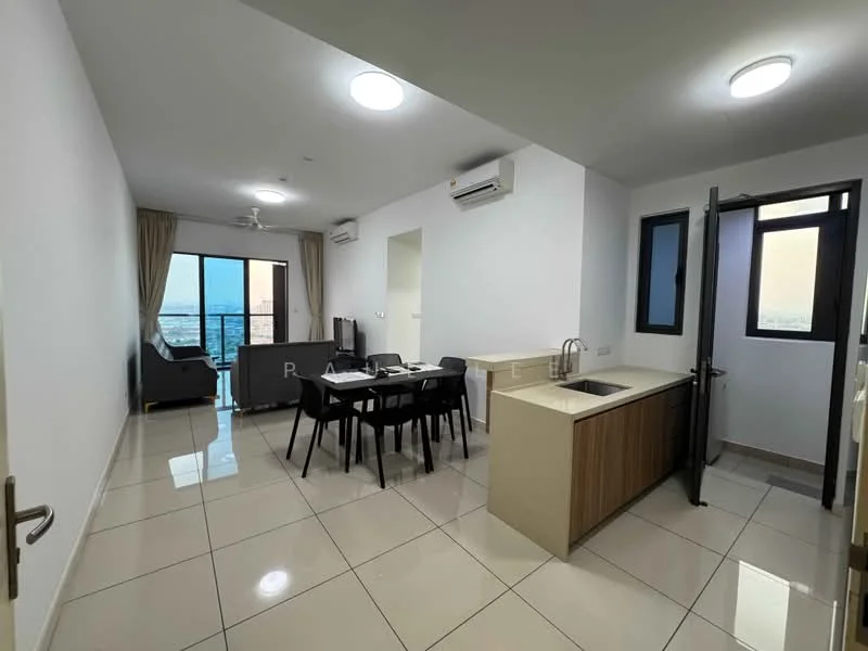 Living features: white painted walls, glossy tile flooring, 5-blade ceiling fan with light, floor-to-ceiling windows, sliding glass door, curtains, sofa in grey, dining table for 4, kitchen island with countertop, built-in cabinetry, refrigerator, air conditioning unit; style: modern; view: sea. Kitchen features: white cabinetry, kitchen island, stainless-steel sink, chrome pull-down faucet, built-in refrigerator, countertop with storage; style: modern.