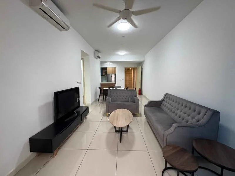 Living features: 3-seater fabric sofa in grey, 2-seater tufted sofa in grey, round coffee table, 2 small side tables, wall-mounted TV, TV console in black, recessed ceiling lights, 1 wall-mounted split AC, glossy tile flooring, white painted walls, ceiling fan; style: modern. Kitchen features: open kitchen layout, wood cabinetry, stainless-steel appliances, kitchen island, bar stools; style: modern.