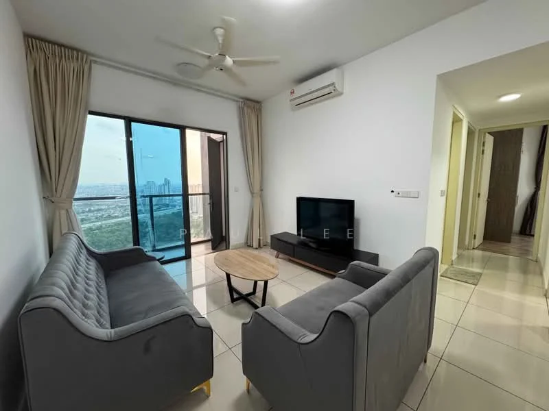 Living features: 2-seater fabric sofa in grey, 3-seater fabric sofa in grey, round coffee table, wall-mounted TV, floor-to-ceiling windows, curtains, ceiling fan, wall-mounted split AC, glossy tile flooring, neutral painted walls; style: modern; view: city.
