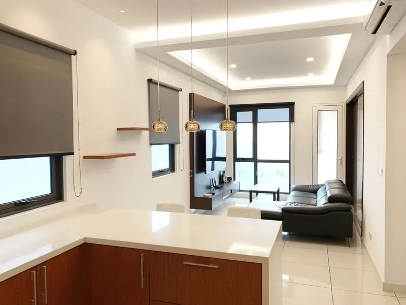 Kitchen features: white quartz countertop, wood cabinetry, open shelving, single-bowl stainless-steel sink, chrome pull-down faucet, built-in appliances, recessed downlights; style: modern. Living features: 3-seater leather sofa, coffee table, TV console, wall-mounted TV, floor-to-ceiling windows, roller blinds, recessed ceiling lights, white painted walls, glossy tile flooring; style: modern.