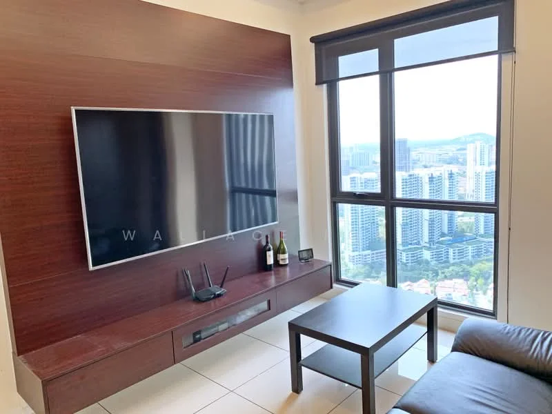 Living features: wall-mounted flat-screen TV, wood feature wall, black coffee table, black leather sofa, floor-to-ceiling windows, city skyline view, decorative wine bottles, cable box, light-colored tiled flooring; style: modern; view: city.