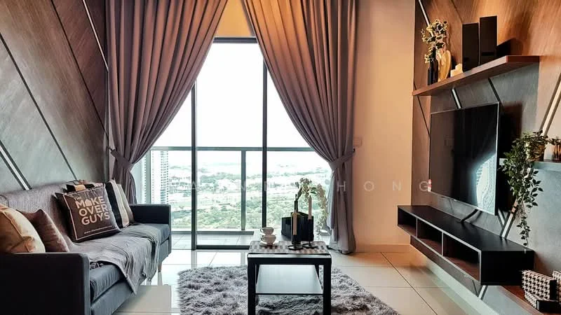 Living features: grey fabric sofa, decorative throw pillows, coffee table, wall-mounted TV, TV console, area rug, floor-to-ceiling windows, sheer curtains, dark wood accent wall, decorative plants, framed artwork; style: modern; view: city.
