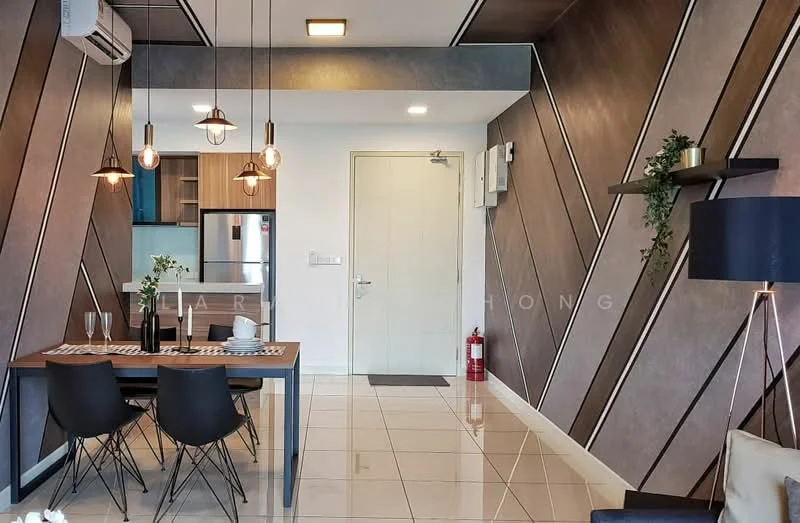 Dining features: dining table for 4, black dining chairs, pendant lighting above table, white walls with grey accent wall, glossy tile flooring, open kitchen view, wall-mounted shelf with decor, fire extinguisher visible, door leading to hallway, air conditioning unit on wall; style: modern.