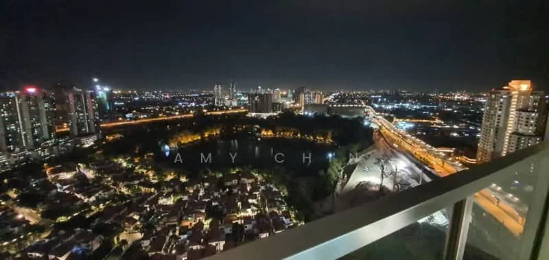 Exterior type: high-rise condominium; features: city skyline view, nighttime lighting, surrounding residential area, nearby highway, green park area, illuminated buildings; style: modern.