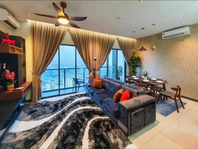 Living features: 5-blade ceiling fan with light, floor-to-ceiling windows, grey fabric sectional sofa, orange accent pillows, area rug with abstract pattern, wooden coffee table, wall-mounted TV, decorative wall shelf, potted plant, curtains, dining table with chairs, decorative artwork; style: modern; view: city.