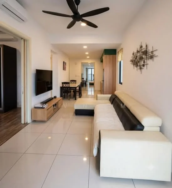 Living features: 3-seater sectional sofa in cream and black, flat-screen TV on wooden console, coffee table, wall-mounted TV, recessed LED downlights, ceiling fan with 5 blades, white painted walls, glossy tile flooring, decorative wall art, open layout to dining area, large windows with natural light; style: modern.