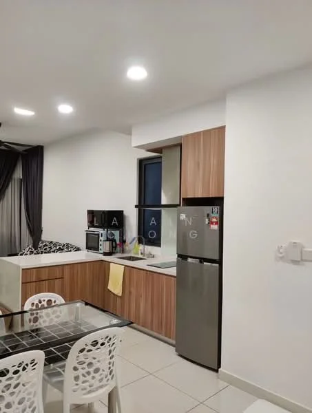 Kitchen features: white painted walls, light-colored cabinetry, wooden cabinetry, black countertop, stainless-steel fridge, built-in microwave, freestanding range oven, ceramic tile flooring, recessed LED downlights, window with view, dining table with white chairs; style: modern.