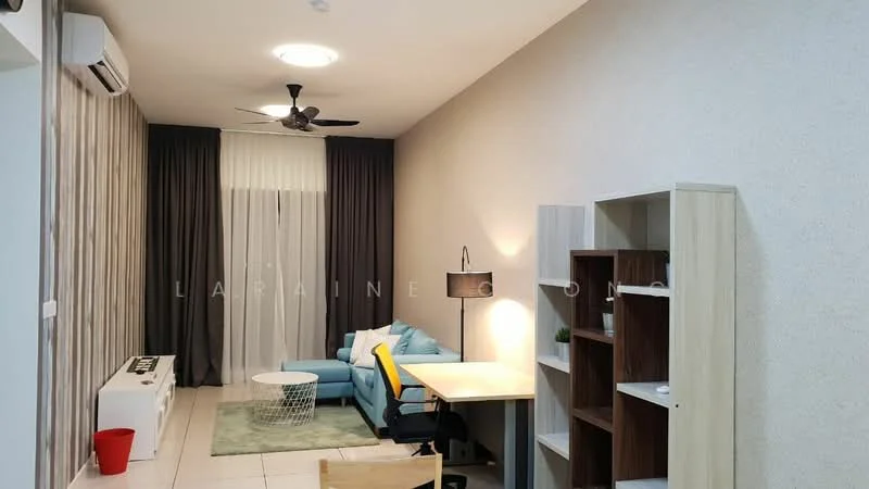 Living features: light grey painted walls, wood panel accent wall, white tiled flooring, 5-blade ceiling fan with light, sofa in light blue fabric, yellow accent chair, coffee table with white wire base, floor lamp with black shade, desk with wooden surface, open shelving unit, curtains in dark grey, air conditioning unit on wall; style: modern.