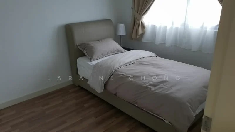 Bedroom features: single bed with upholstered headboard, bedding in neutral tones, wooden flooring, floor-to-ceiling window with sheer curtains, table lamp, light-colored walls, decorative throw pillows; style: modern.
