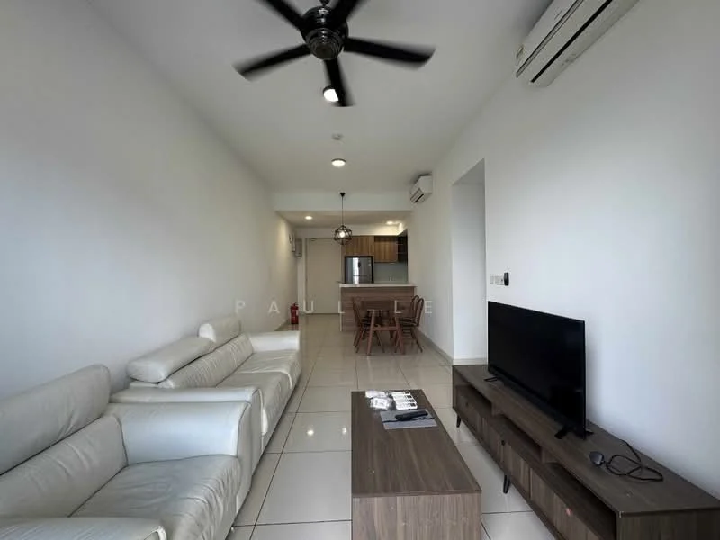 Living features: 3-seater leather sofa in white, coffee table in wood, wall-mounted TV, ceiling fan with light, white painted walls, glossy tile flooring, air conditioning unit, dining area visible in background with wooden dining table and chairs; style: modern.