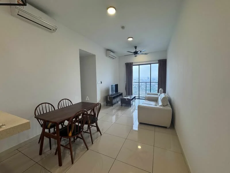 Living features: white painted walls, glossy tile flooring, 5-blade ceiling fan with light, floor-to-ceiling windows, sliding glass door, curtains, sofa in white fabric, coffee table, TV console, wall-mounted TV, dining table with 4 chairs; style: modern; view: city.