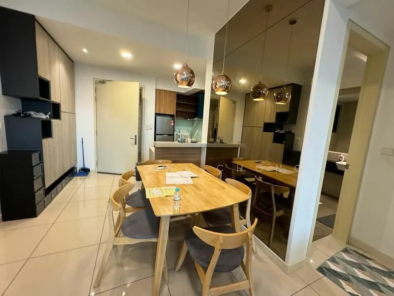 Dining features: wooden dining table, 4 wooden dining chairs, pendant lighting fixtures, mirror wall, tile flooring, open kitchen layout, built-in cabinetry, refrigerator, kitchen countertop, kitchen cabinets; style: modern. Kitchen features: built-in oven, stainless-steel sink, kitchen island, cooktop, wooden cabinetry; style: modern.
