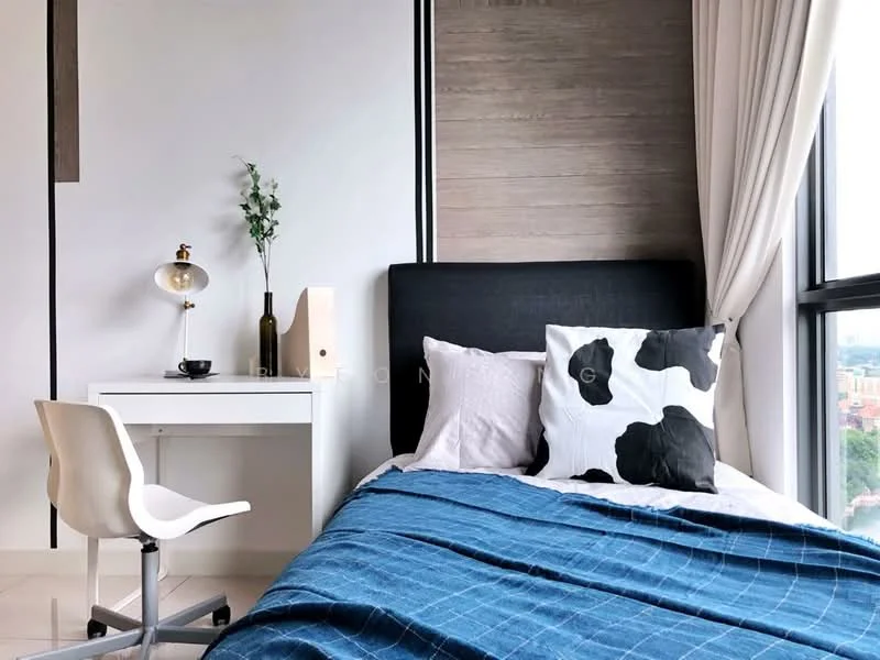 Bedroom features: queen-size bed with black upholstered headboard, white bedding with blue throw blanket, cow print decorative pillows, white desk with chair, table lamp with gold base, decorative plant in vase, floor-to-ceiling window with sheer curtains, light wood accent wall, white painted walls, tile flooring; style: modern; view: city.