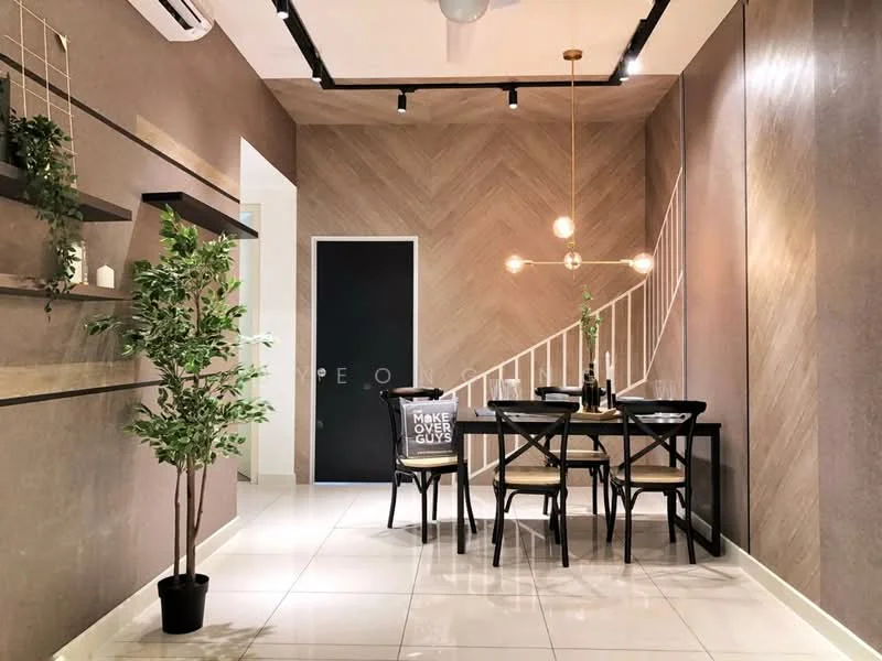 Dining features: white tiled flooring, brown accent wall, wood paneling on wall, black dining table, 4 black dining chairs, pendant light fixture, green potted plant, decorative wall shelf, staircase in background, white walls, ceiling with recessed lighting, air conditioning unit; style: modern.