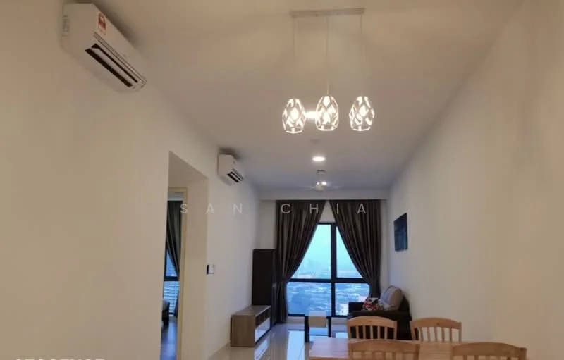 Living features: white painted walls, polished tile flooring, 5-blade ceiling fan with integrated LED light, recessed downlights, floor-to-ceiling windows, sheer curtains, sofa, wooden coffee table, TV console, decorative wall art; style: modern; view: city.