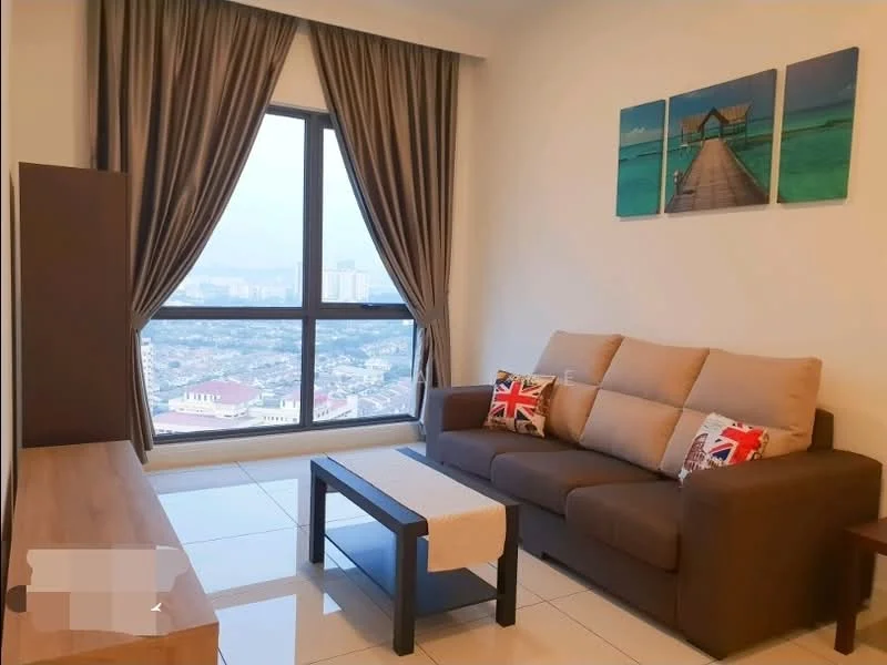 Living features: 3-seater fabric sofa in brown, coffee table, TV console, floor-to-ceiling windows, curtains in beige, decorative cushions with Union Jack pattern, light-colored wall, glossy tile flooring; style: modern; view: city.