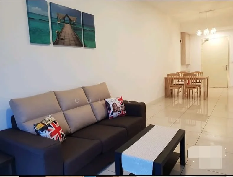 Living features: 3-seater fabric sofa in grey, decorative cushions with Union Jack pattern, coffee table with white surface, white table runner, wall-mounted artwork with beach scene, white painted walls, glossy tile flooring, recessed ceiling lights; style: modern. Dining features: 6-seater wooden dining table, wooden dining chairs, open shelving unit, white cabinetry, glossy tile flooring; style: modern.