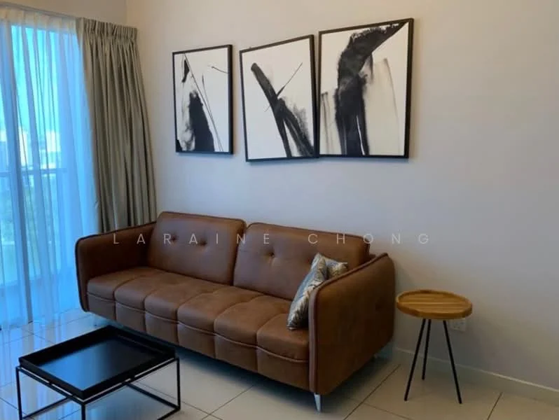 Living features: 3-seater leather sofa in brown, decorative cushion, black coffee table, framed abstract artwork on walls, floor-to-ceiling windows with sheer curtains, glossy tile flooring, light-colored walls, wooden side table; style: modern.