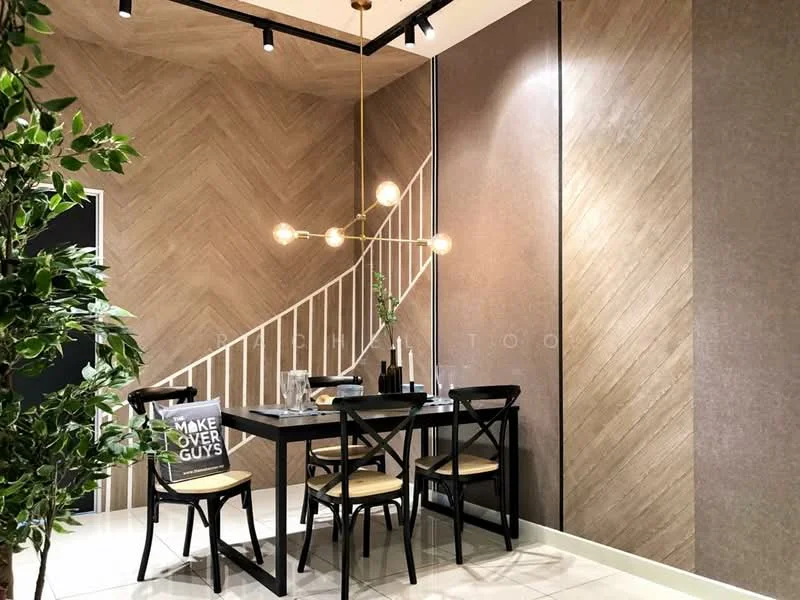 Dining features: wooden dining table, 4 black wooden dining chairs, pendant light fixture with multiple bulbs, chevron-patterned accent wall, light brown textured wall, decorative plant in pot, glass vase with water, tableware on the table; style: modern.