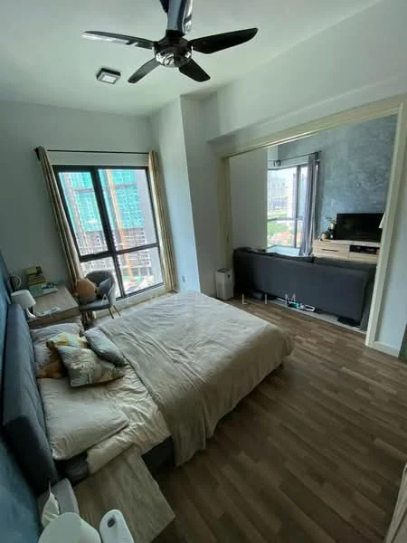 Bedroom features: king-size bed with beige bedding, upholstered headboard, wooden flooring, 5-blade ceiling fan, floor-to-ceiling windows, curtains, study desk with chair, TV console, wall-mounted TV, decorative pillows, nightstand, decorative items on desk; style: modern; view: city.