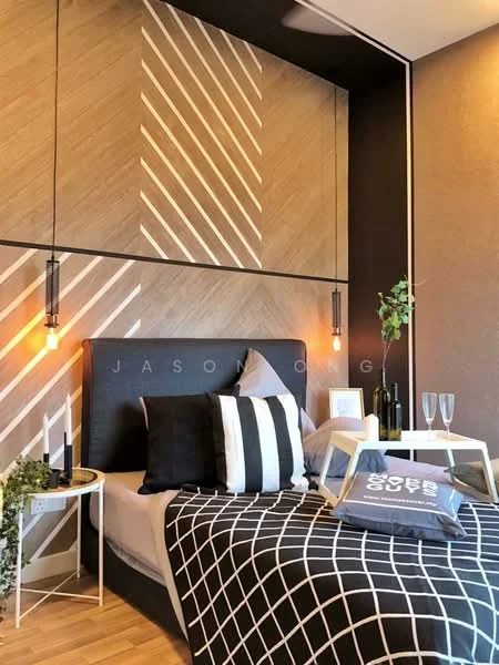 Bedroom features: queen-size bed, upholstered headboard, black and white striped bedding, decorative throw pillows, side table with white finish, two pendant lights, wooden accent wall with diagonal patterns, wooden flooring, greenery in a pot, champagne glasses on the side table, decorative wall art, ceiling fan; style: modern.