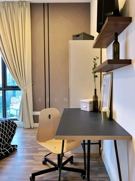 Study features: wooden flooring, grey accent wall, black desk with wheels, wooden chair, shelf with decorative items, white cabinet, curtains, floor-to-ceiling windows; style: modern; view: city.