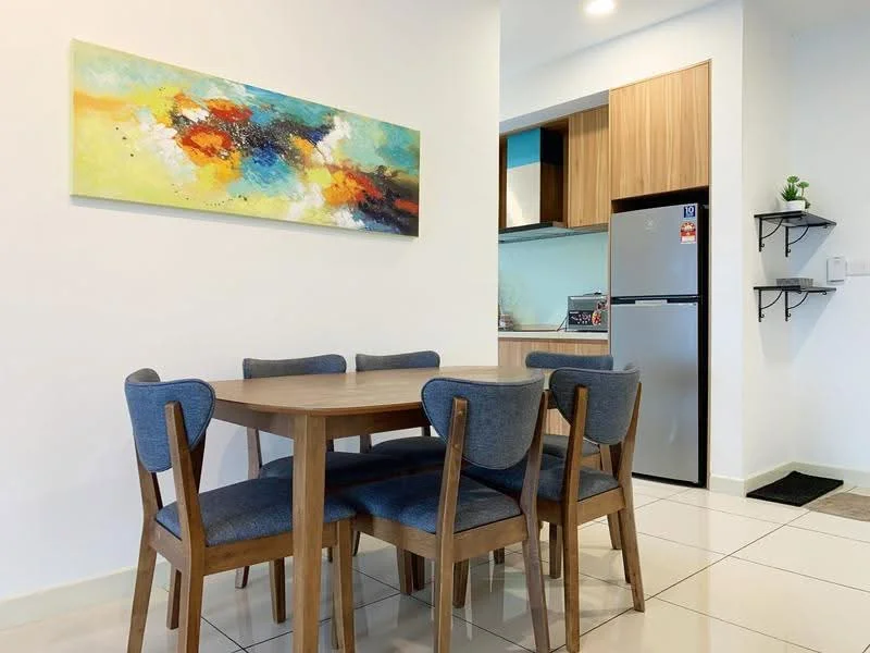 Dining features: wooden dining table, 6-seater dining table, upholstered dining chairs in blue, white painted walls, tile flooring, framed artwork on wall, open kitchen view, refrigerator, wood cabinetry, kitchen countertop; style: modern; view: kitchen.
