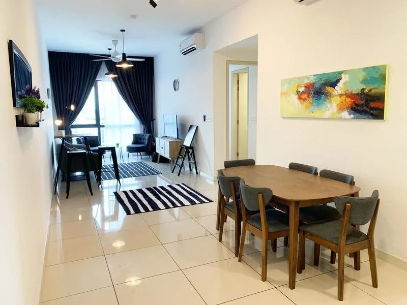 Living features: white painted walls, glossy tile flooring, 5-blade ceiling fan with light, floor-to-ceiling windows, blackout curtains, sofa in dark grey, coffee table, TV console, wall-mounted TV, area rug with striped pattern, decorative wall art, dining table with 6 chairs, pendant lighting; style: modern; view: city.