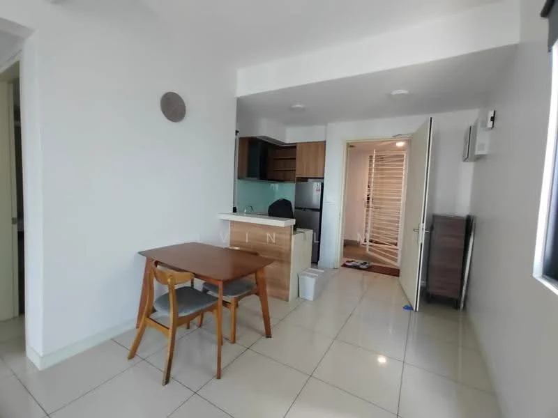 Dining features: square dining table with wooden legs, 2 wooden dining chairs, white walls, glossy tile flooring, recessed downlights, open kitchen layout, kitchen island with seating, fridge visible in kitchen area, doorway leading to hallway, window with natural light; style: modern. Kitchen features: stainless-steel fridge, wooden cabinetry, glass backsplash, countertop with bar seating, built-in oven, cooktop, microwave, sink, open layout to dining area; style: modern. Room features: door leading to hallway, light-colored walls, neutral decor.