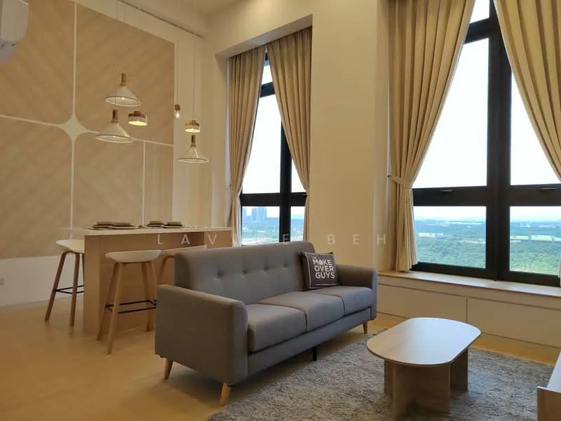 Living features: grey fabric 3-seater sofa, wooden coffee table, area rug with soft texture, floor-to-ceiling windows, sheer curtains, wooden flooring, pendant lighting fixtures, decorative wall panel with geometric pattern, wall-mounted air conditioning unit; style: modern; view: city.